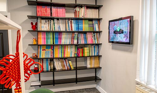 A black bookcase against a white wall showcasing a selection of books
